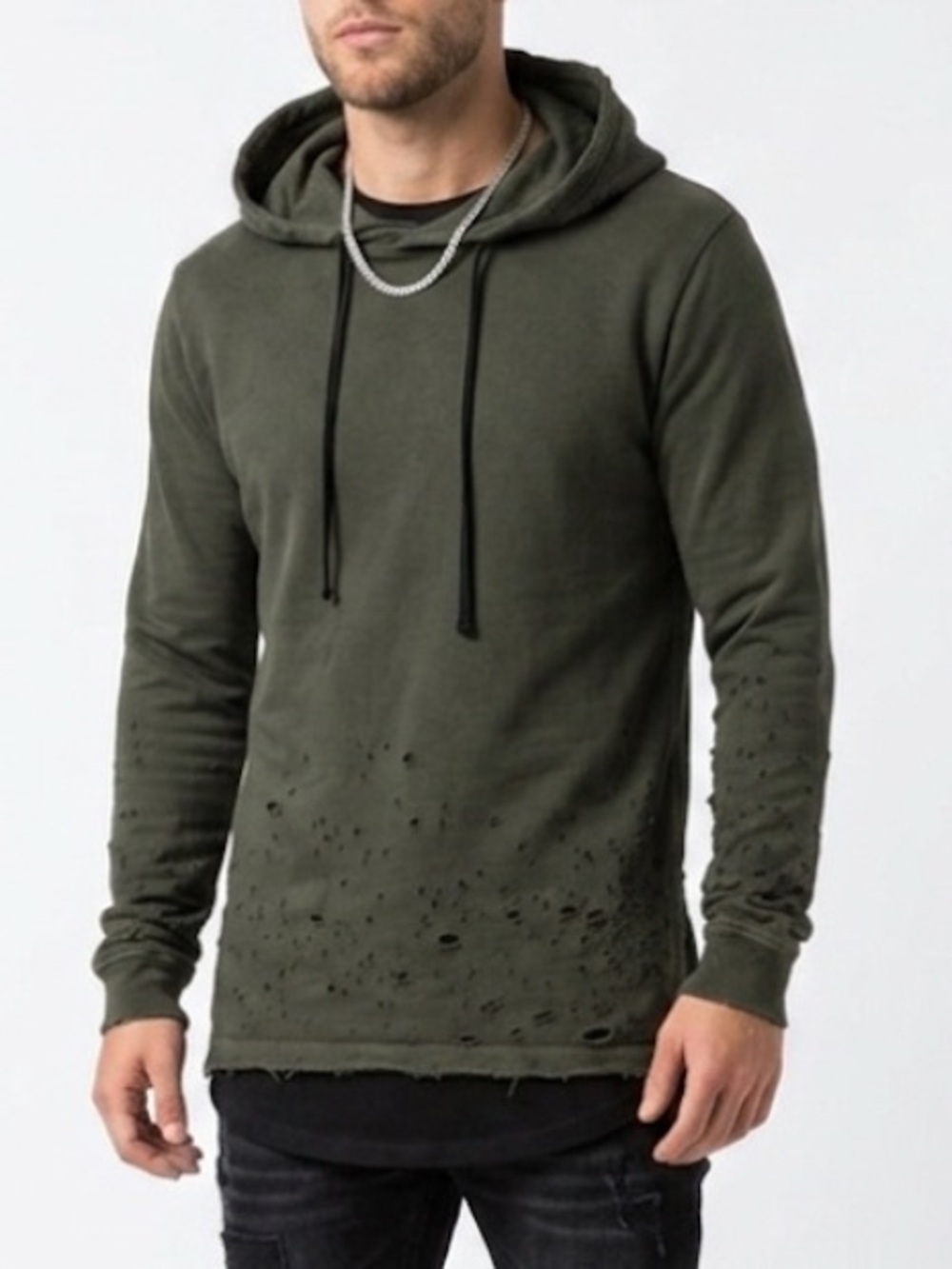 Cotton Citizen Distressed Hooded Sweatshirt Army Green Pullover Hoodie Size Med